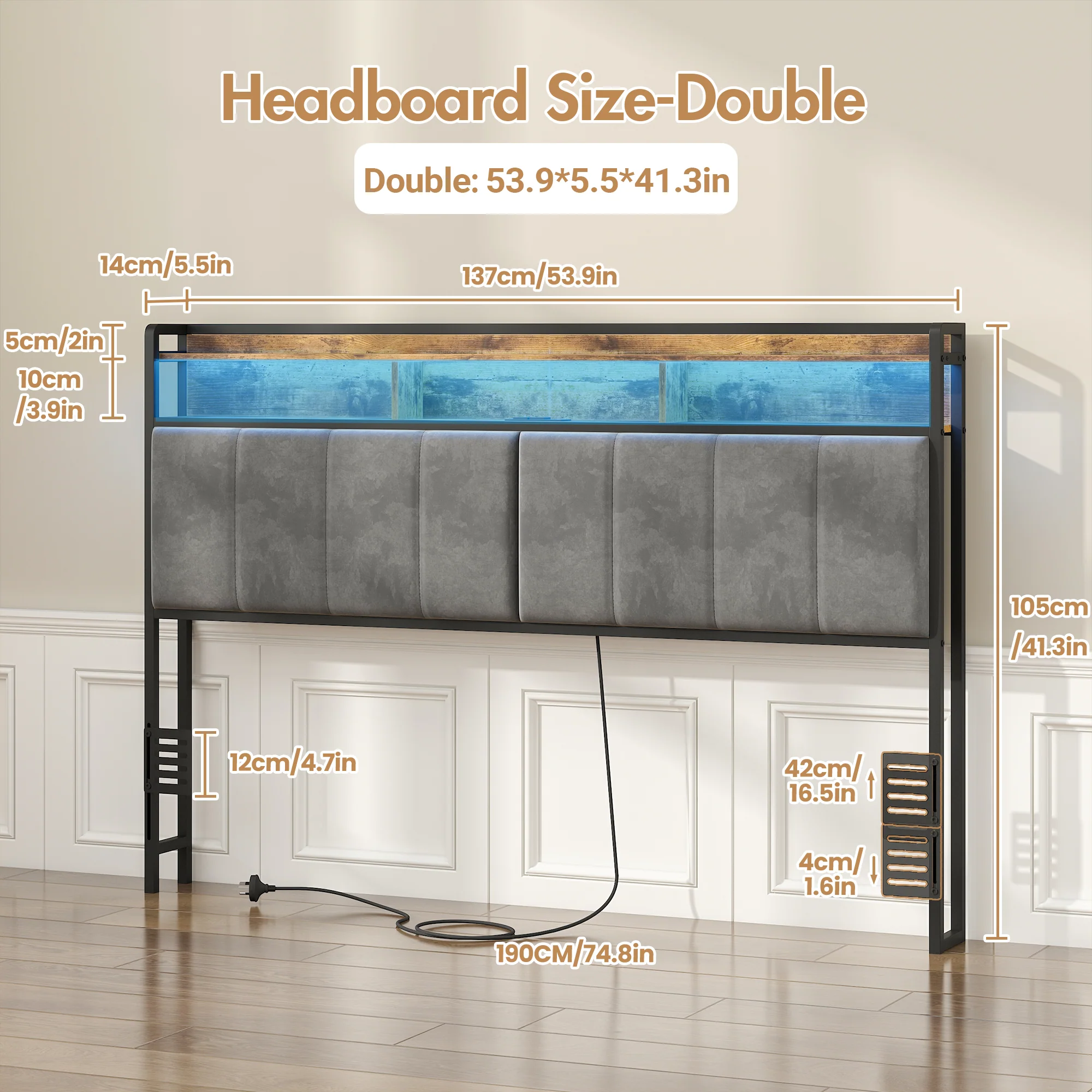 Storage Headboard Upholstered with Charging Station