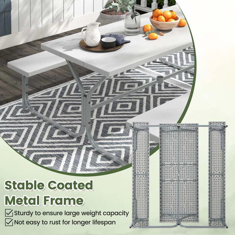 6 FT 8-Person Outdoor Large Picnic Table Bench Set with Umbrella Hole, Metal Frame, All-Weather HDPE Tabletop