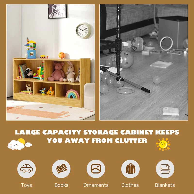 2-Shelf Kids Bookcase 5-Cube Wood Toy Storage Cabinet Organizer for Classroom, Playroom, Nursery, Kindergarten