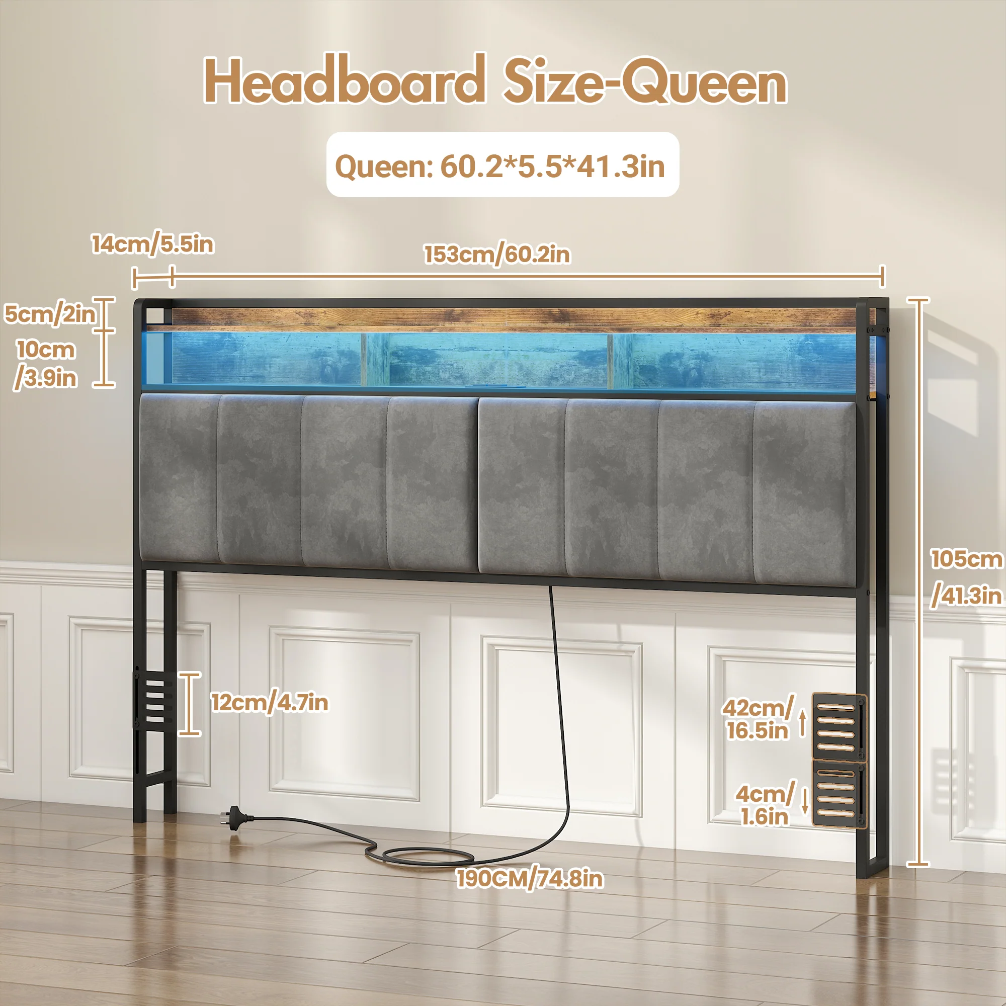 Storage Headboard Upholstered with Charging Station