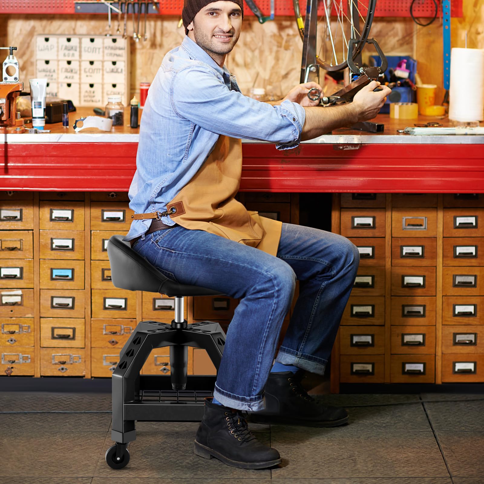 Mechanic Stool with Wheels, Adjustable Height Swivel Shop Stool Roller Seat with Tool Tray
