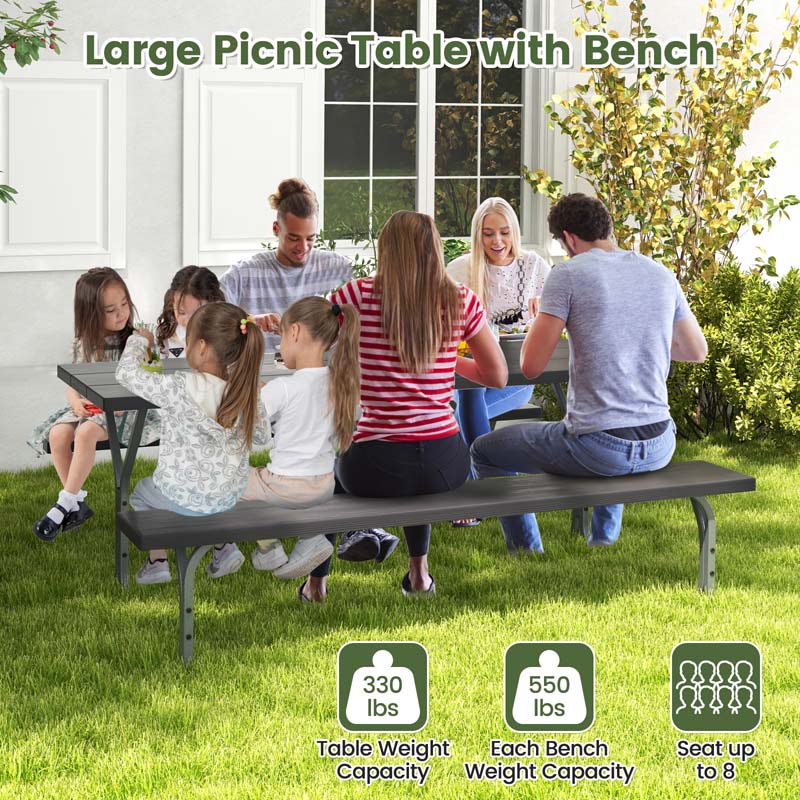 6 FT 8-Person Outdoor Large Picnic Table Bench Set with Umbrella Hole, Metal Frame, All-Weather HDPE Tabletop