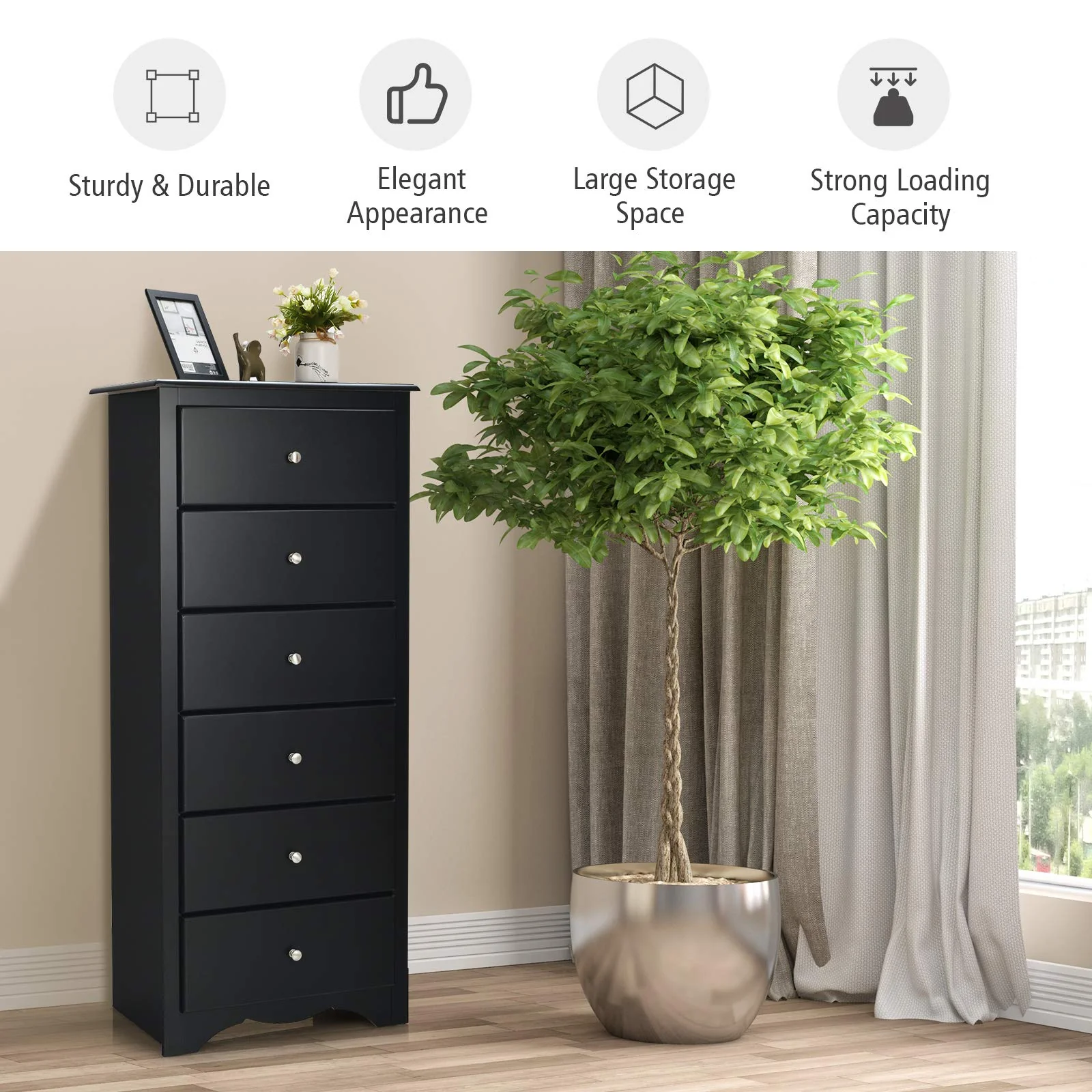 Giantex Chest of 6 Drawers, Free Standing Storage Cabinet, Wooden Storage Dresser Tallboy Cabinet