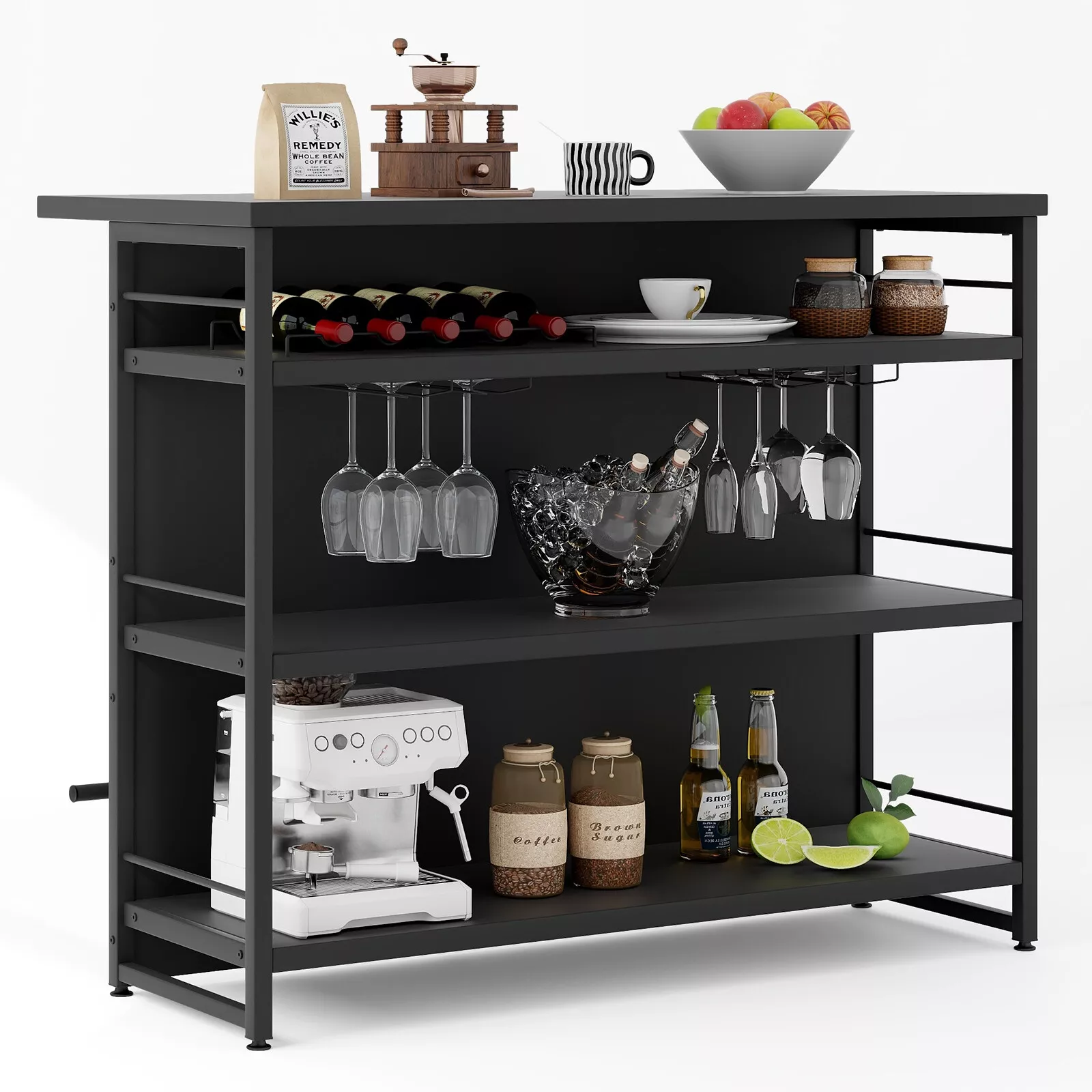 Giantex Industrial Home Bar Unit, 4-Tier Liquor Bar Cabinet w/ 3 Open Shelves