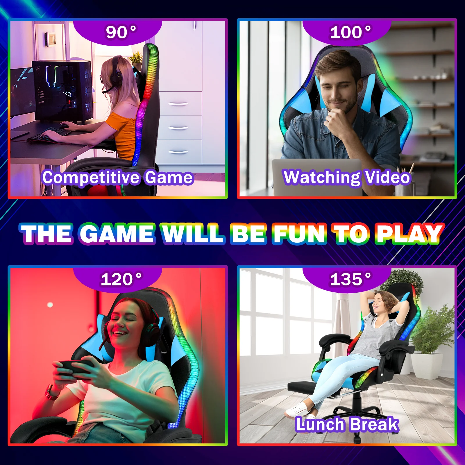 Gaming Chair 12 RGB LED Massage Chair Blue