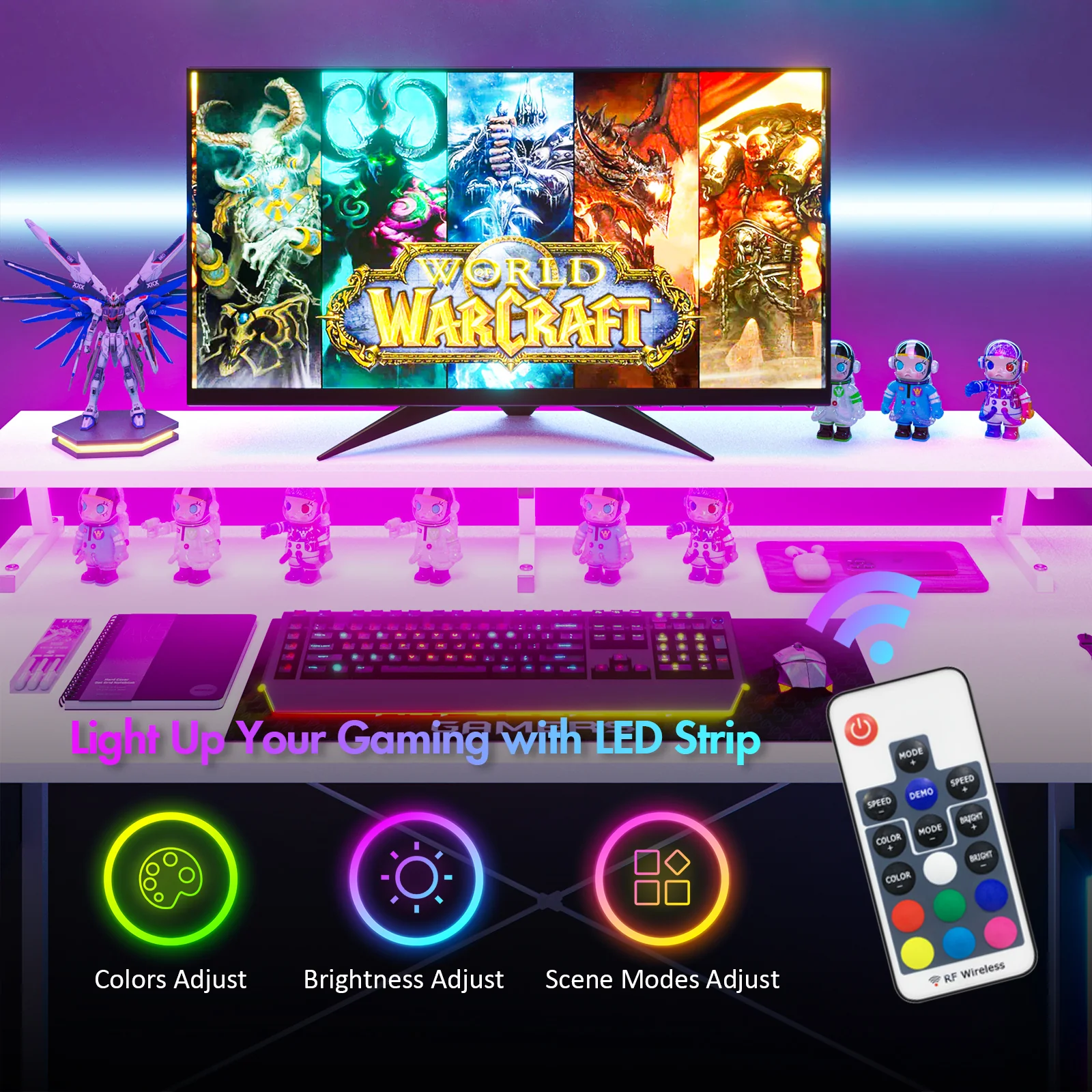 L Shaped Gaming Desk with LED Lights White