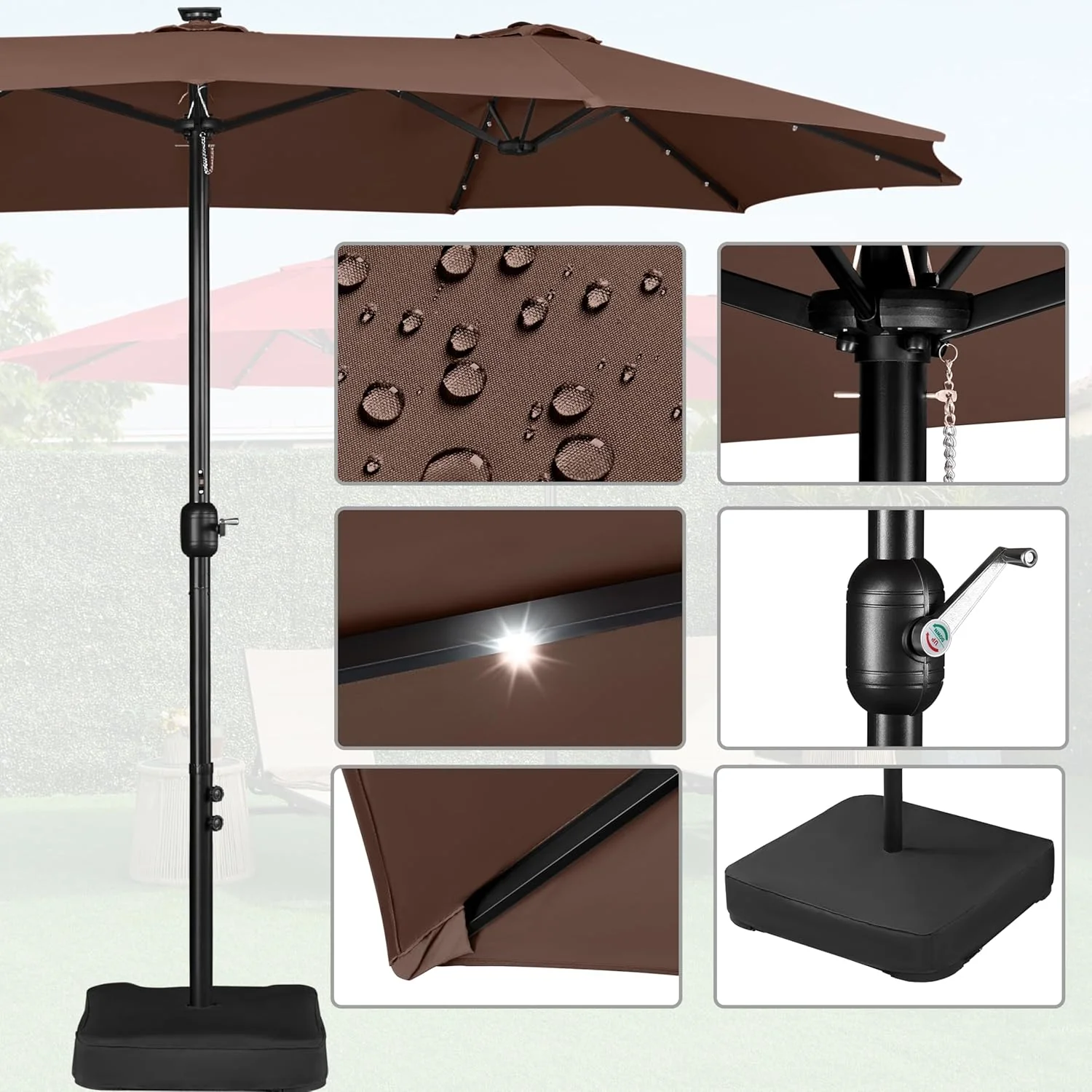 15 ft Large Patio Umbrella with Solar Lights Double-Sided Outdoor Rectangle Market Umbrellas with 36 LED Lights/Base Included/Easy Crank for Patio Garden Yard Pool Lawn, Brown