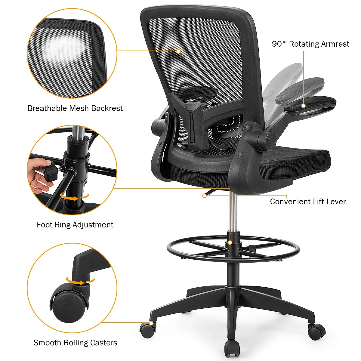 Giantex Adjustable Drafting Chair, 360?? Swivel Designed Mesh Fabric Chair, Executive Chair for Working Studying Gaming