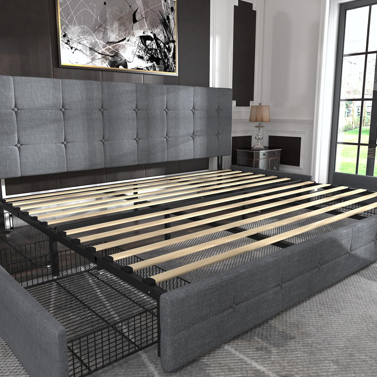 Allewie Upholstered Queen Size Platform Bed Frame with 4 Storage Drawers and Headboard, Square Stitched Button Tufted, Mattress Foundation with Wooden Slats Support, No Box Spring Needed, Light Grey