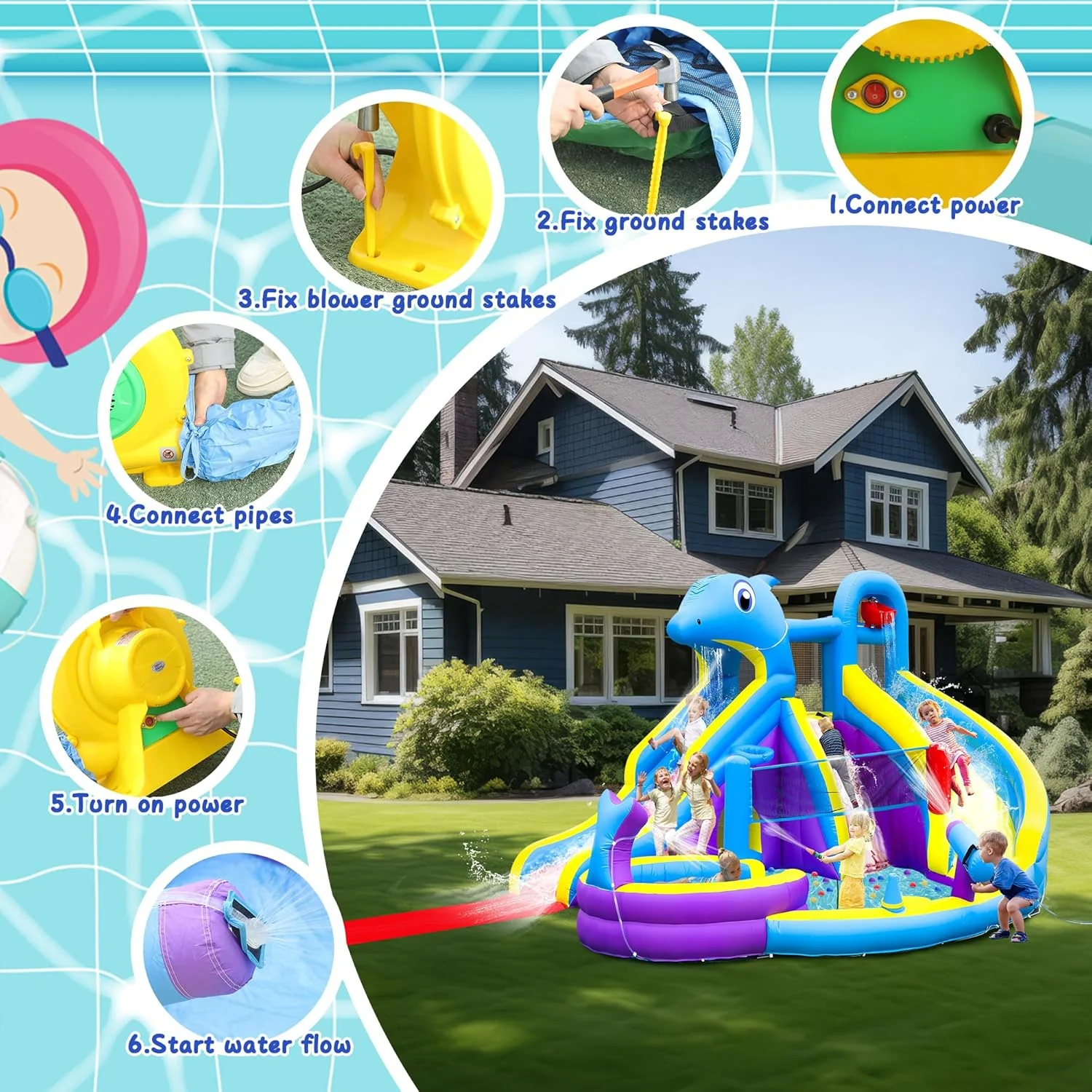 11-in-1 Inflatable Water Slide & Dolphin Bounce House w/2 Long Slides, 19.7 Ft x 13.1 Ft Extra Large Waterslide Climbing Wall w/Small Deeper Pool,Water Cannons,Hoop for Kids Backyard,550W Blower