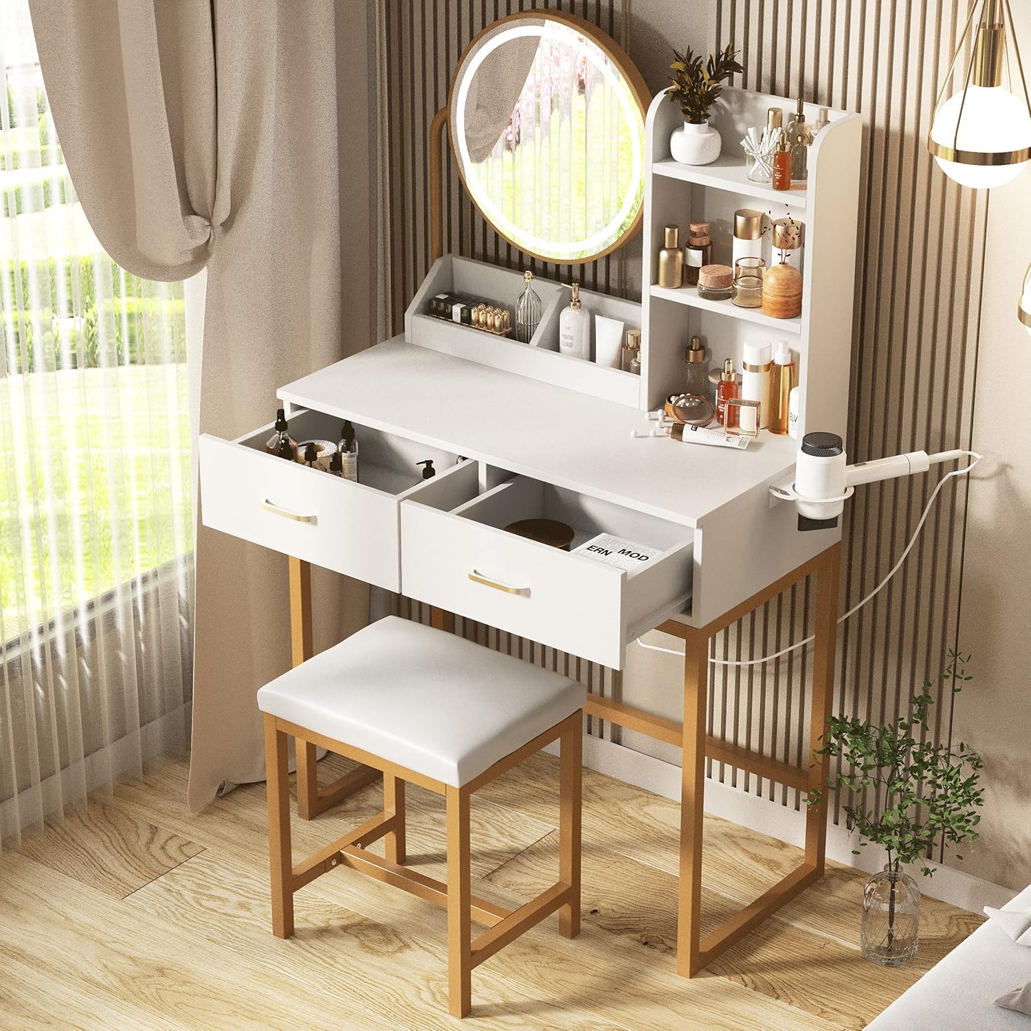 Dressing Table Set with Power Outlet White & Golden