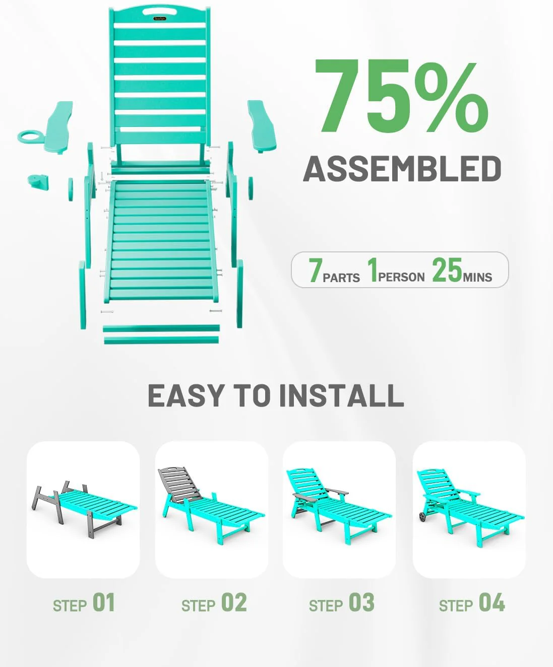 Lounge Chair Outdoor, Chaise Lounge, HDPE 6-Position Outdoor Chaise Lounge, Patio Lounge Chair with Wheels & Cup Holder for Pool Poolside Deck Backyard, Teak