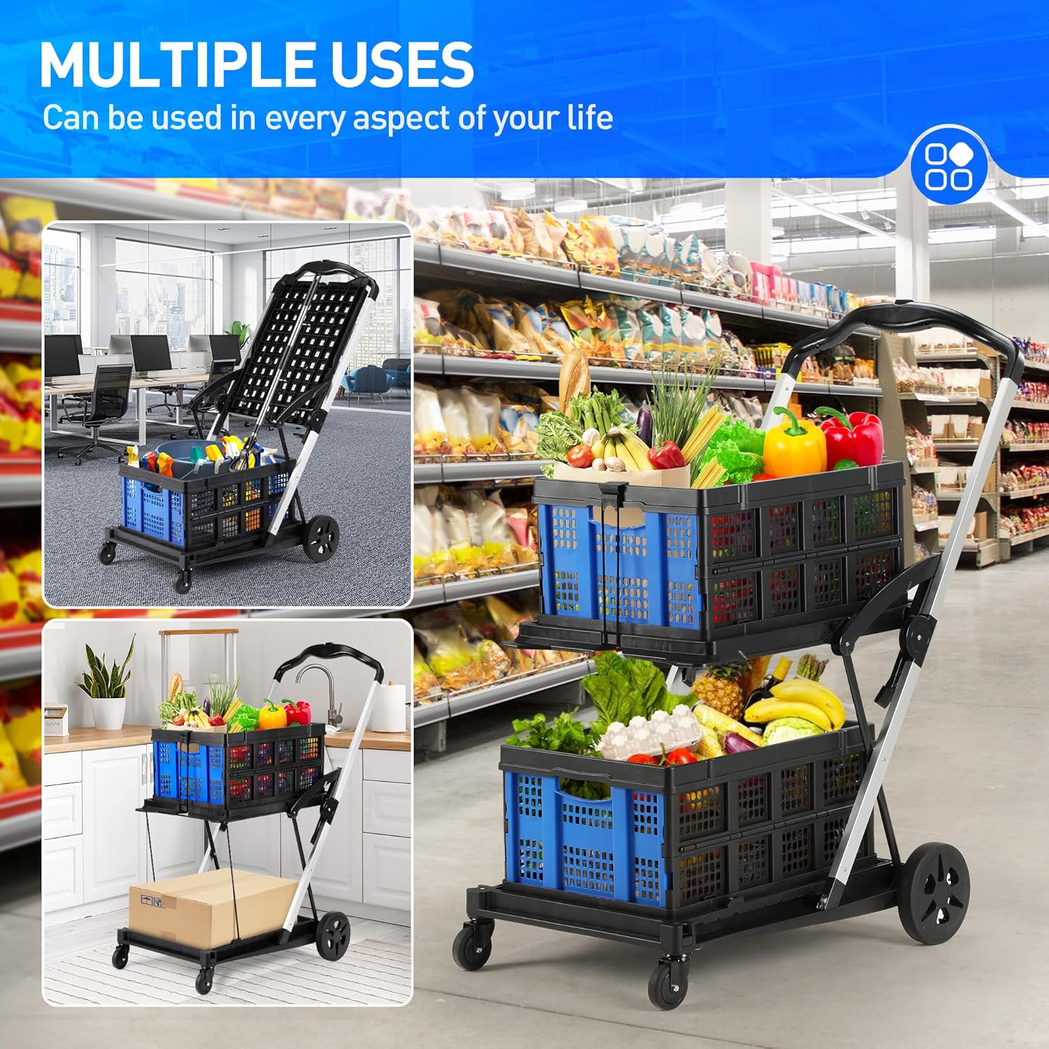 Rengue Grocery Shopping Cart with 2 Removable Baskets for Shopping, Picnic (Blue)