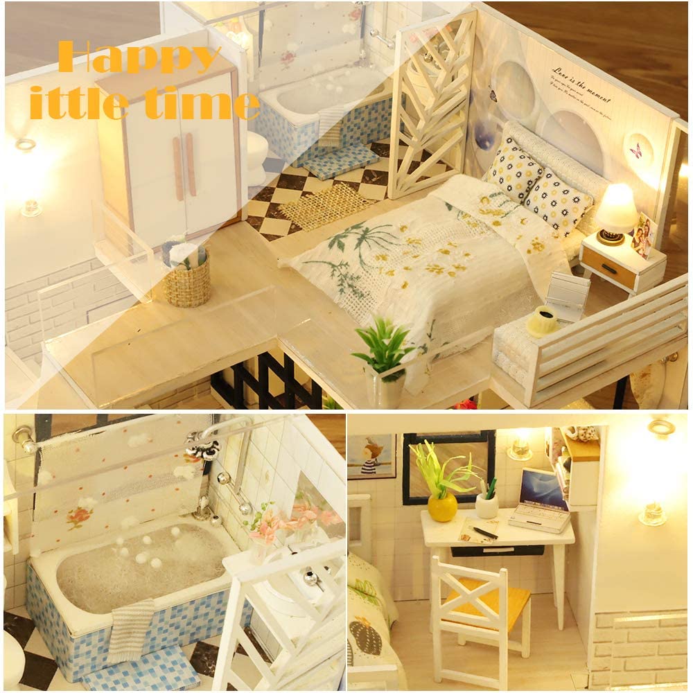 Dollhouse Miniature with Furniture Kit Plus Dust Proof and Music Movement - Happy time 1:24 Scale Creative Room Idea