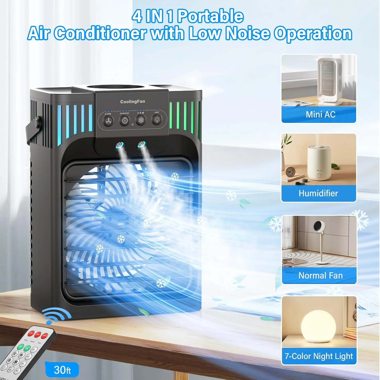 Portable Air Conditioners,4-in-1 Evaporative Air Cooler with 3 Speeds, 3 Modes & 7 LED Light Cooling Fan with Remote, 2-8H Timer, 1200ML Personal Mini Air Conditioner for Bedroom and Office