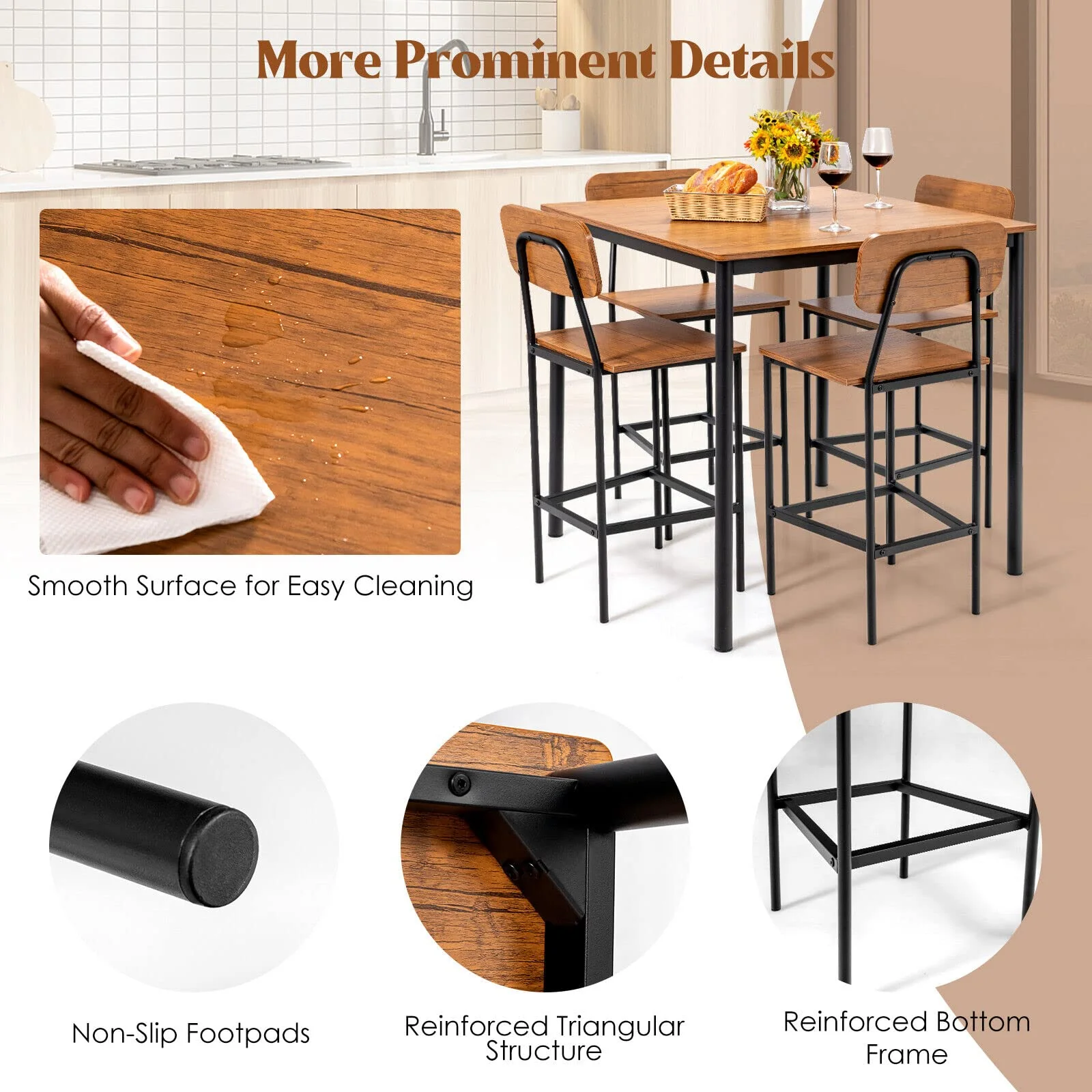 Giantex 5-Piece Dining Bar Table Set, 4 Person Kitchen Breakfast Table Set with Steel Frame , Walnut