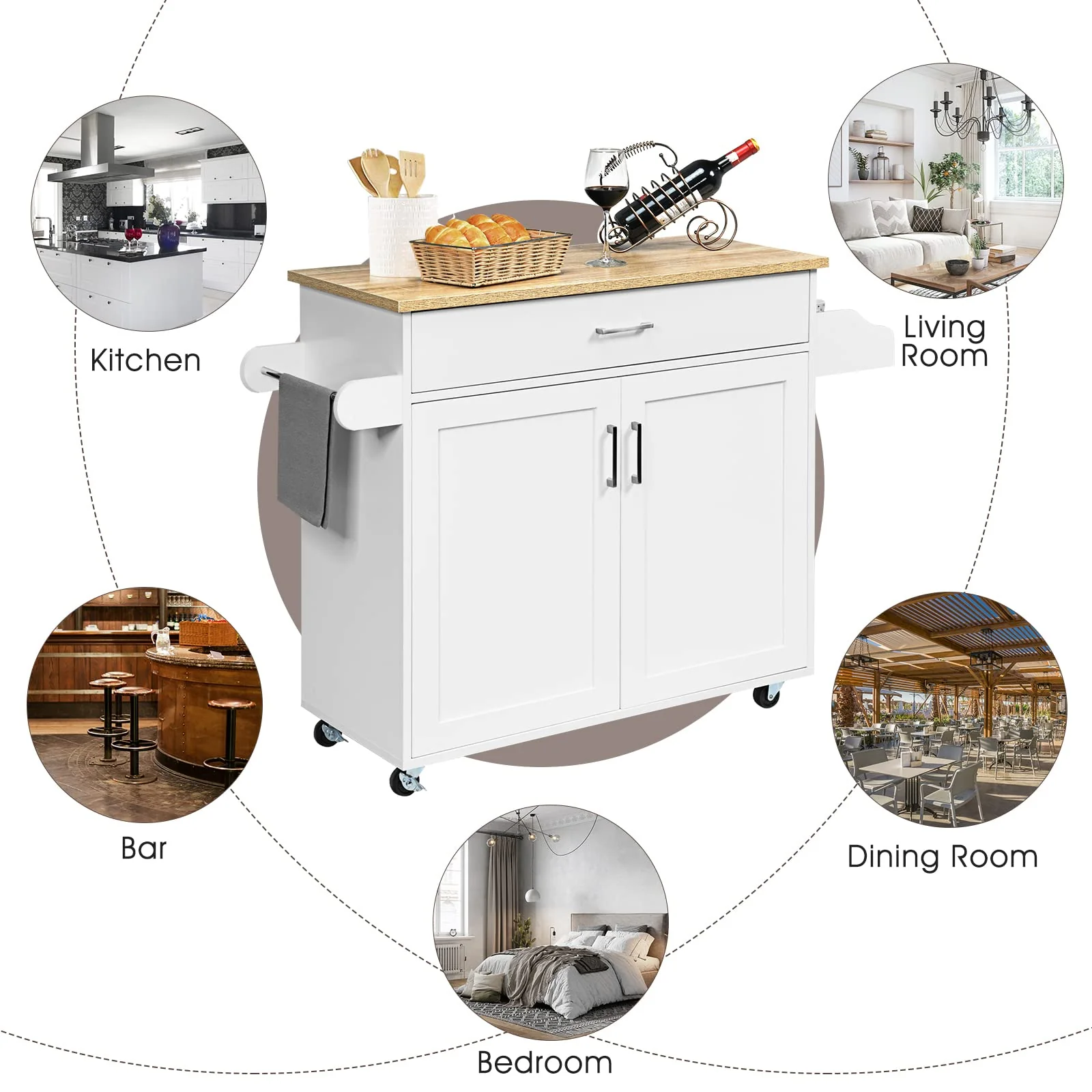 Giantex Wooden Rolling Kitchen Island, Storage Cart Trolley w/ Adjustable Shelf, Spice Storage Sgelf, Towel Rack & Drawer