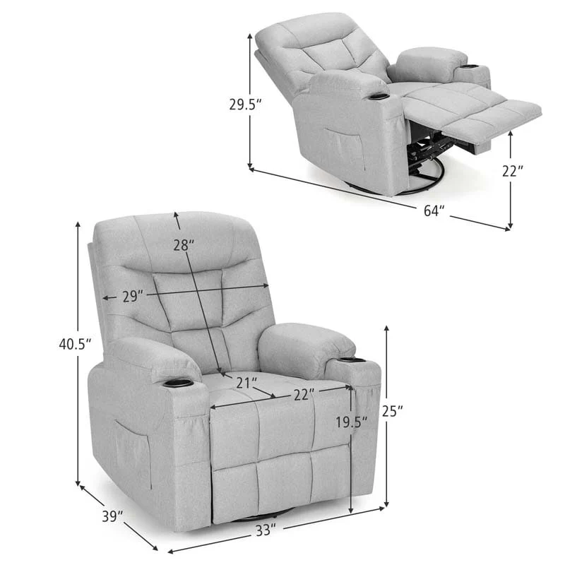 360�� Swivel Electric Massage Recliner Rocking Chair Single Soft Sofa with Heater & Retractable Footrest