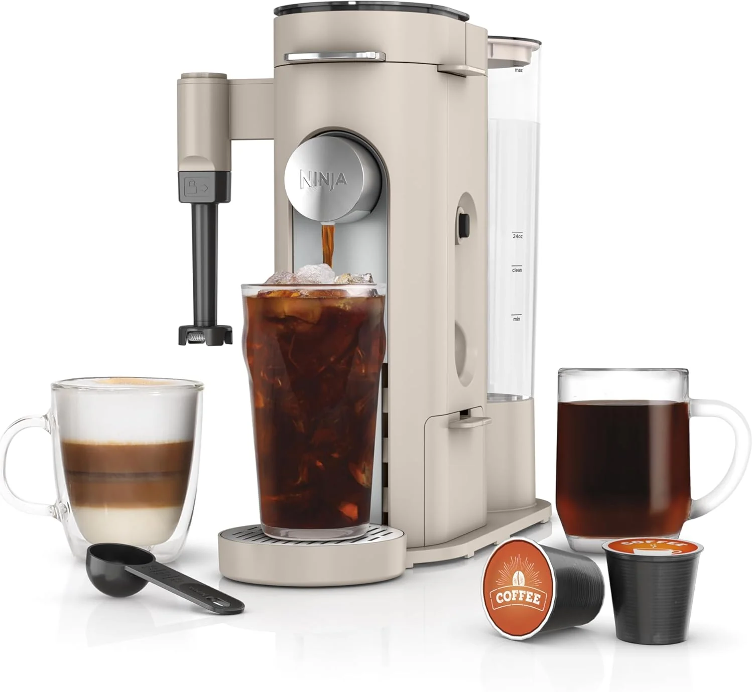 Ninja Pods & Grounds Single-Serve Coffee Maker, K-Cup Pod Compatible, Brews Grounds, Compact Design, 56-oz. Reservoir, 6-oz. Cup to 24-oz. Travel Mug Brew Sizes, Iced Coffee Maker, Stone, PB041ST