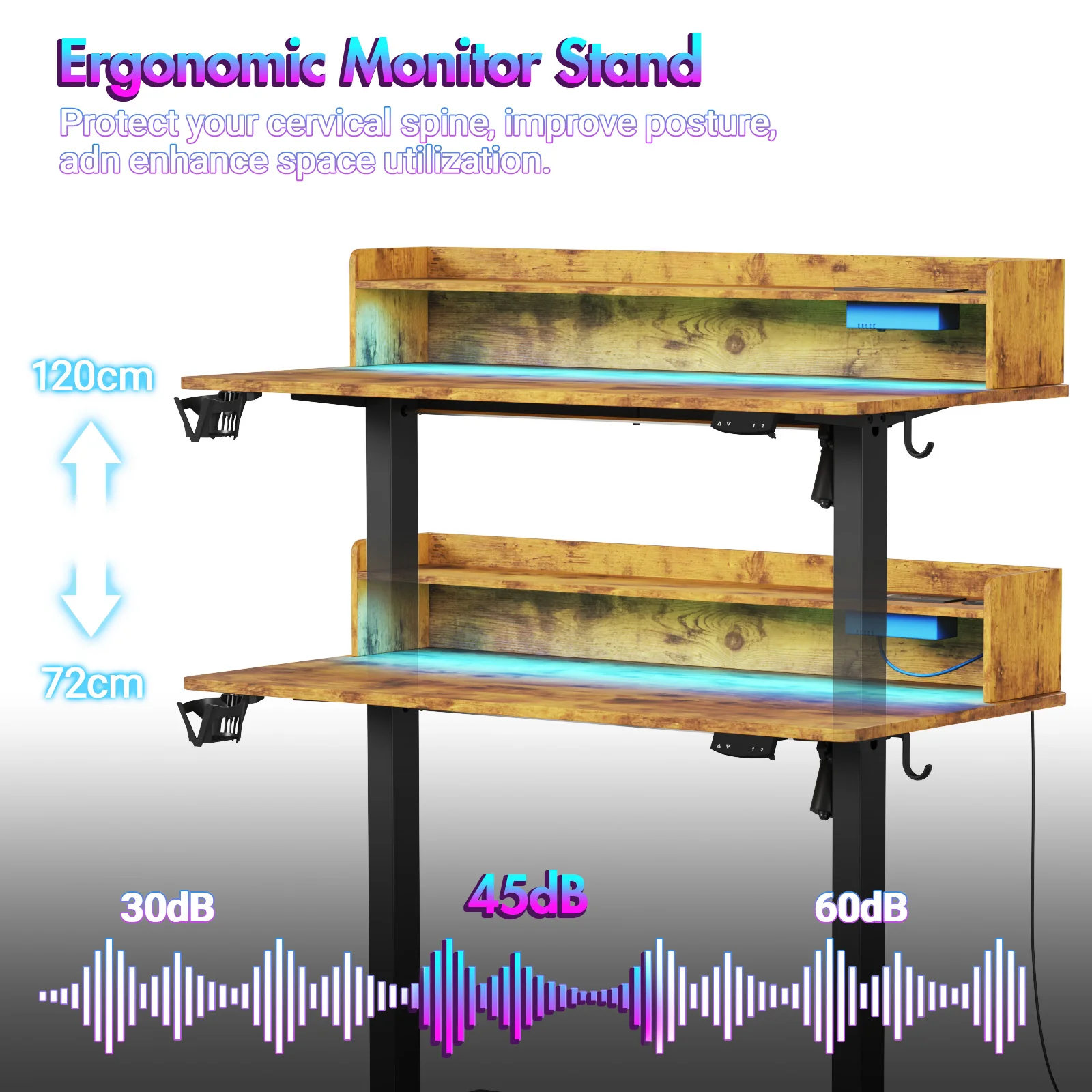 LED RGB Light Electric Standing Desk Brown