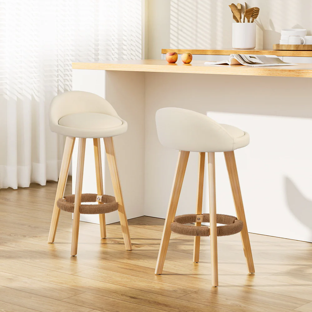 Artiss 2x Bar Stools Padded Leather Wooden Beige