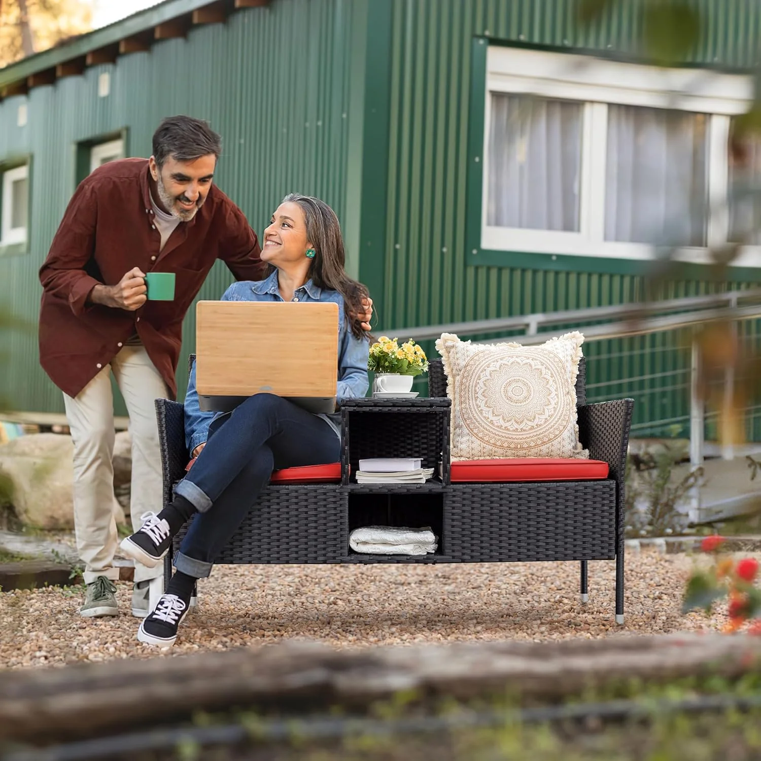 Outdoor Furniture Patio Loveseat Wicker 2-Seat with Built-in Table and Cushions Rattan Porch Chairs Bench for Balcony, Lawn, Backyard (Beige)