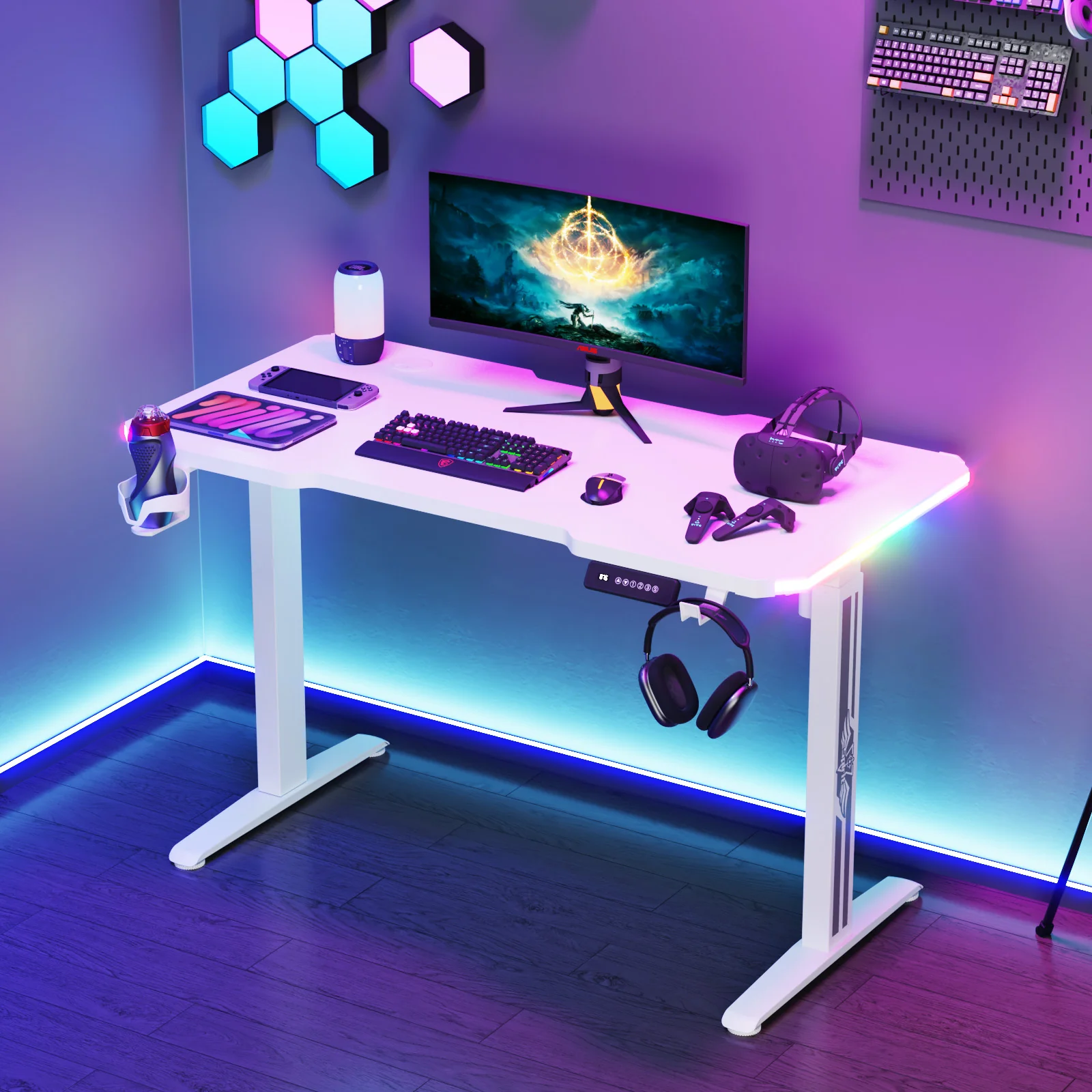 Electric Standing Gaming Desk RGB LED White