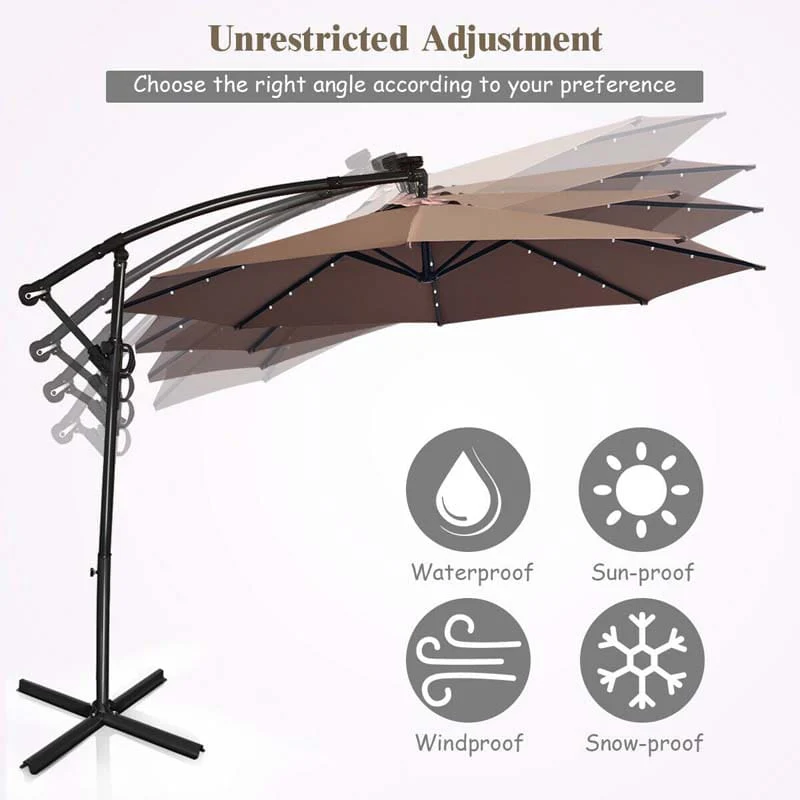10 FT Patio Offset Umbrella with Solar Lights 360�� Rotation Outdoor Market Umbrella with Crank Handle & Cross Base