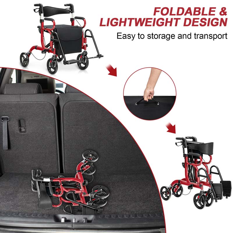 2 in 1 Folding Rollator Walker with Seat & Bag, Aluminum Medical Walker Rolling Transport Chair Mobility Walking Aid