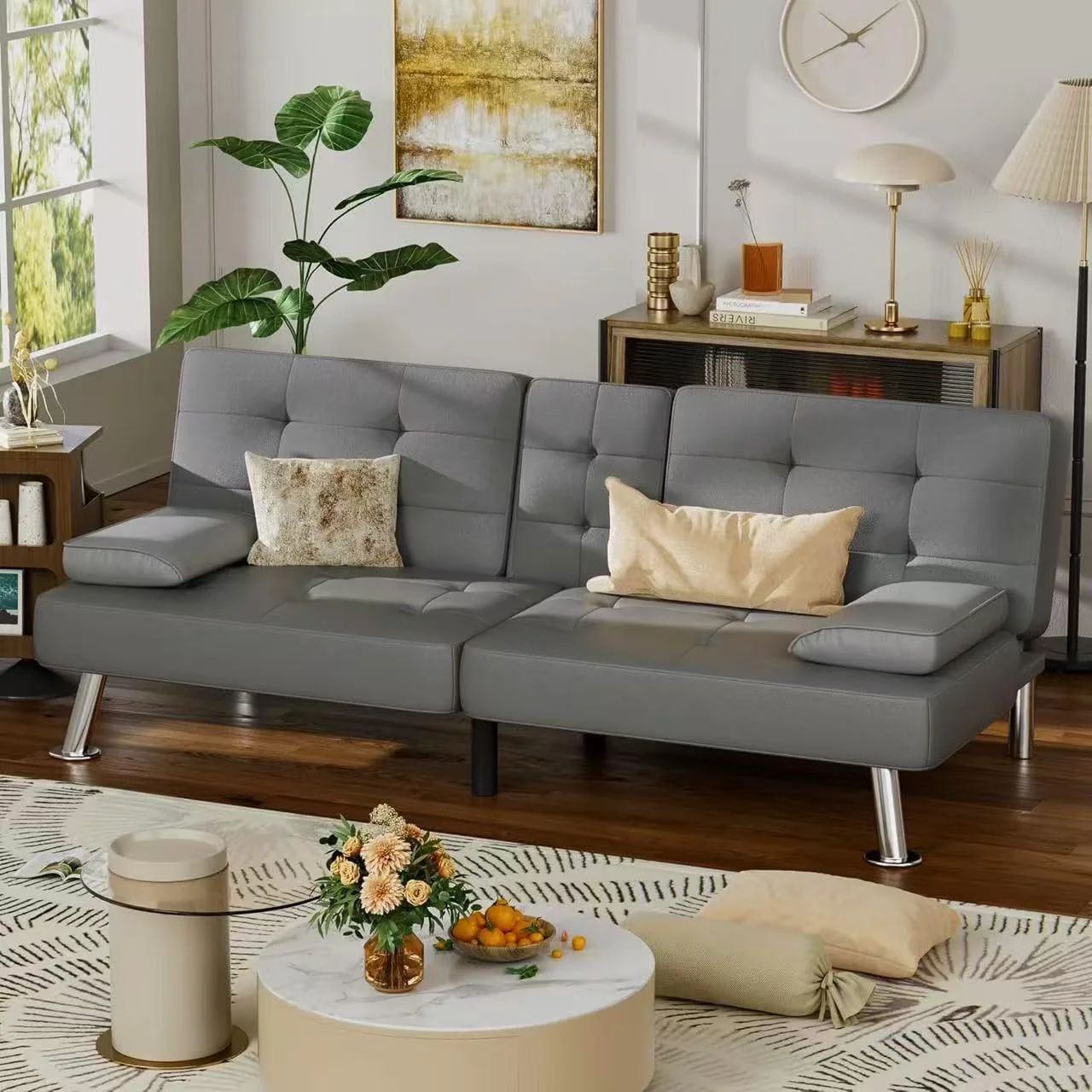 Futon Sofa Bed, Leather Futon Couch with Removable Armrests, Adjustable Recliner Sleeper Sofa Bed with Dual Cup Holders for Living Room, Apartment, Office (Black)