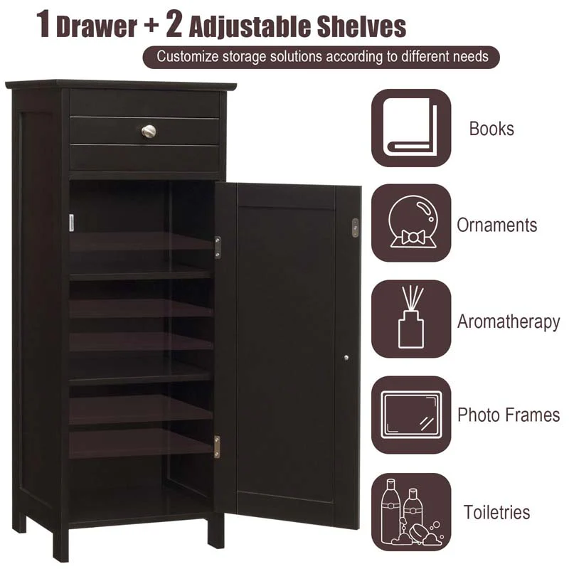 Free-Standing Wooden Floor Storage Cabinet w/Large Drawer & 2 Adjustable Shelves, Morden Side Storage Bathroom Organizer Cabinet