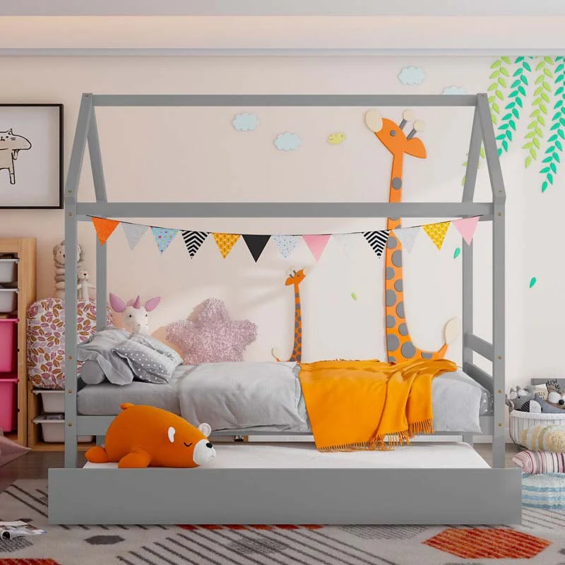 Twin Size House Bed with Trundle, Roof Wooden Platform Bed Frame, Playhouse Twin Bed for Kids Toddlers
