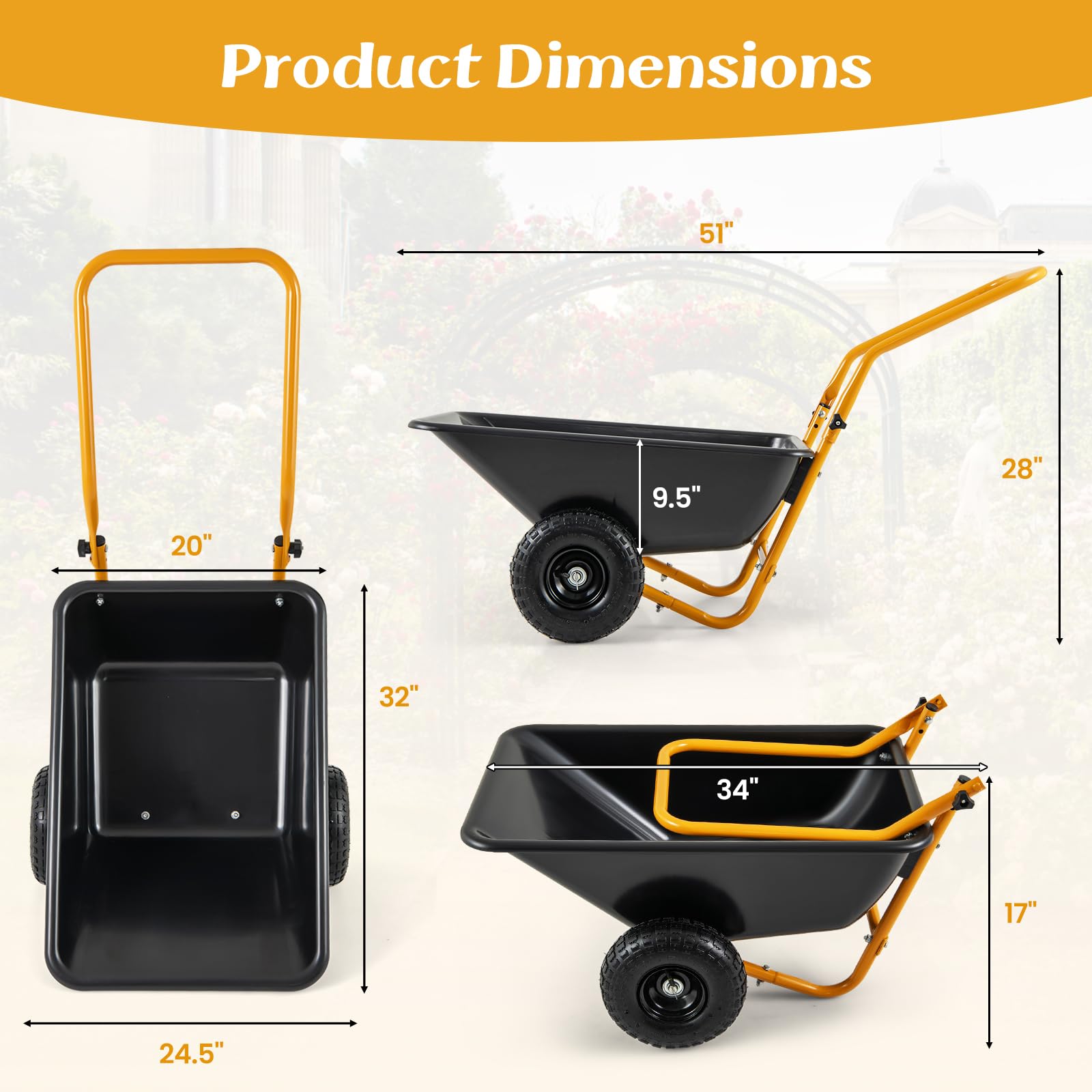 Dual-Wheel Wheelbarrow, Heavy-Duty Garden Utility Cart w/Pneumatic Tires, 330LBS Capacity