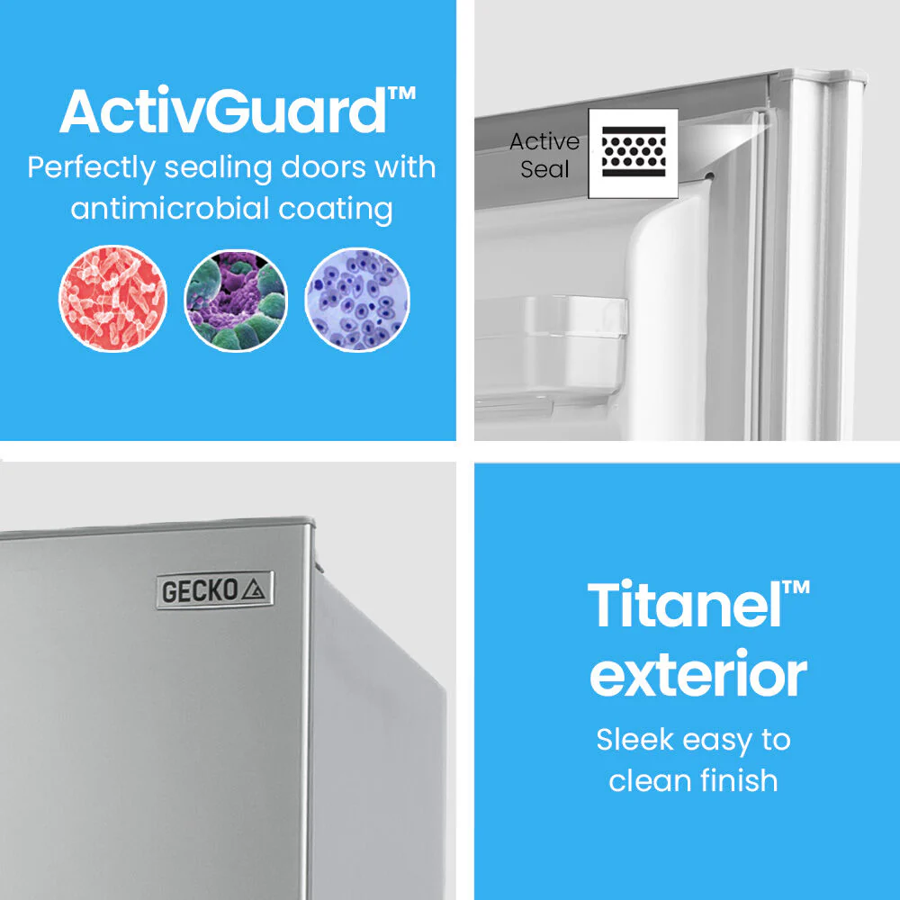 GECKO 119L Upright Portable Fridge / Freezer, 12V/24V for Motorhome and Caravan, Silver