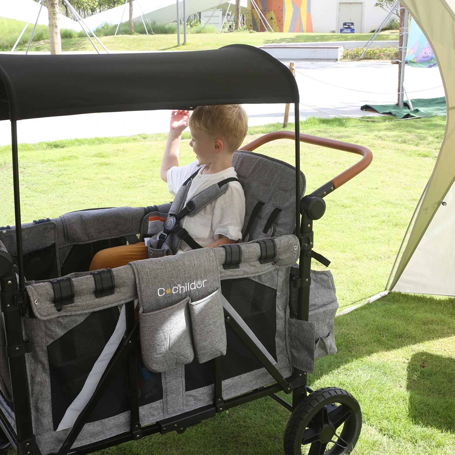 All-Terrain 4 Seater Wagon Stroller for Kids - Heavy-Duty 300lb Capacity, One-Hand Fold Design, High Seats with 5-Point Harness, Adjustable Canopy and Handlebars, Light Grey