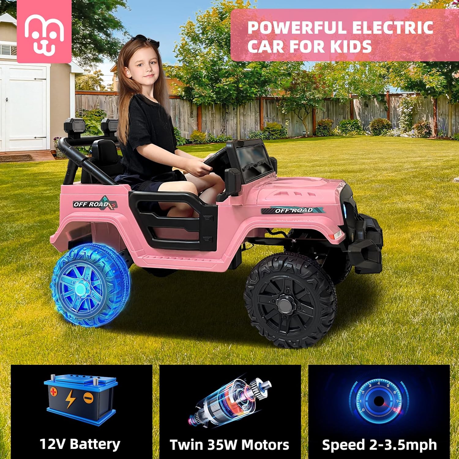 12V Kids Electric Ride on Truck Car Remote Control, Twin 35W Motors 3.5MPH Max Speed, Bluetooth USB Music Player, 4 Wheels Suspension LED Lights Safety Belt, Gift for Boy & Girl-Rosy