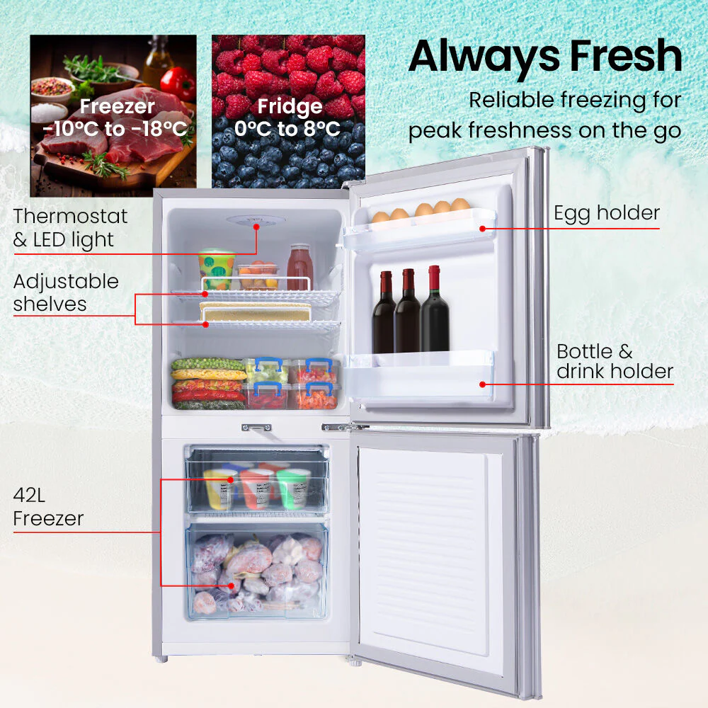 GECKO 119L Upright Portable Fridge / Freezer, 12V/24V for Motorhome and Caravan, Silver