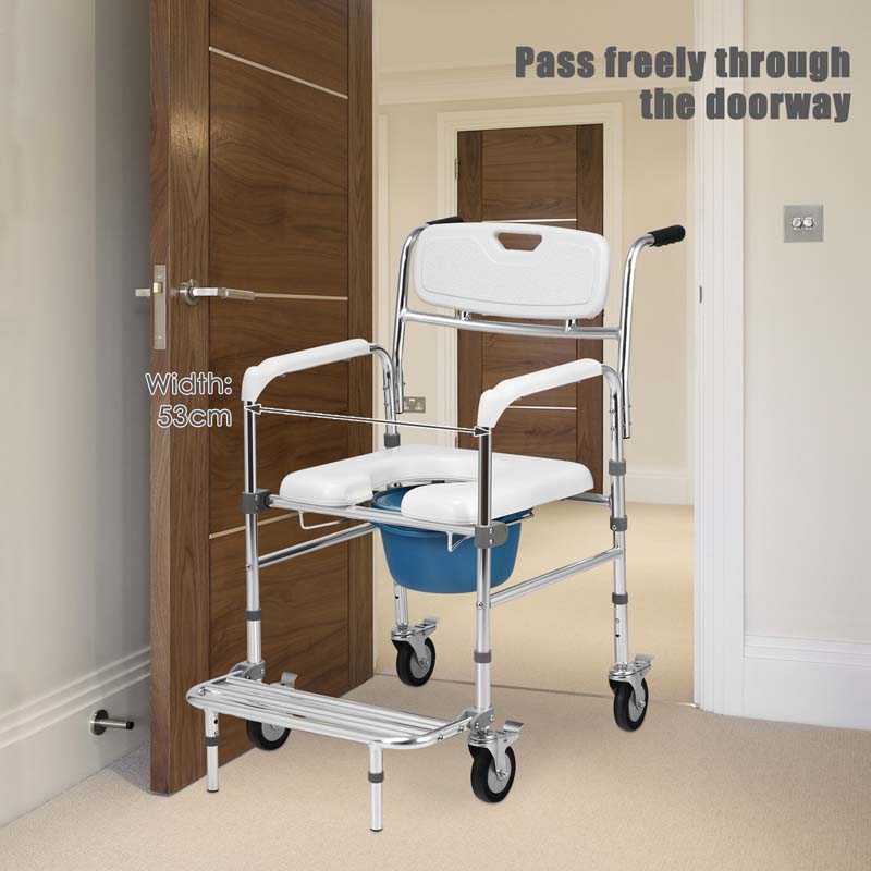 4 in 1 Bedside Commode Chair Transport Shower Wheelchair Toilet Chair with Folding Pedal