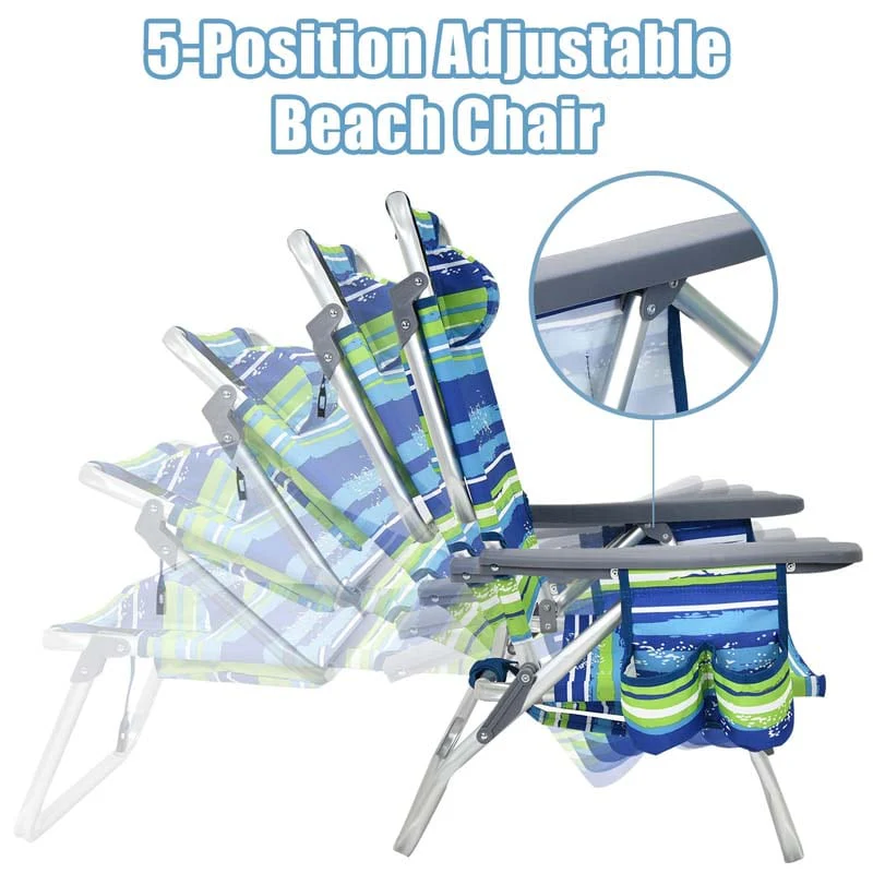 2-Pack Folding Beach Chair, Backpack Lawn Chairs, Sling Camping Chair, Patio Reclining Chairs with 5 Adjustable Position, Head Pillow