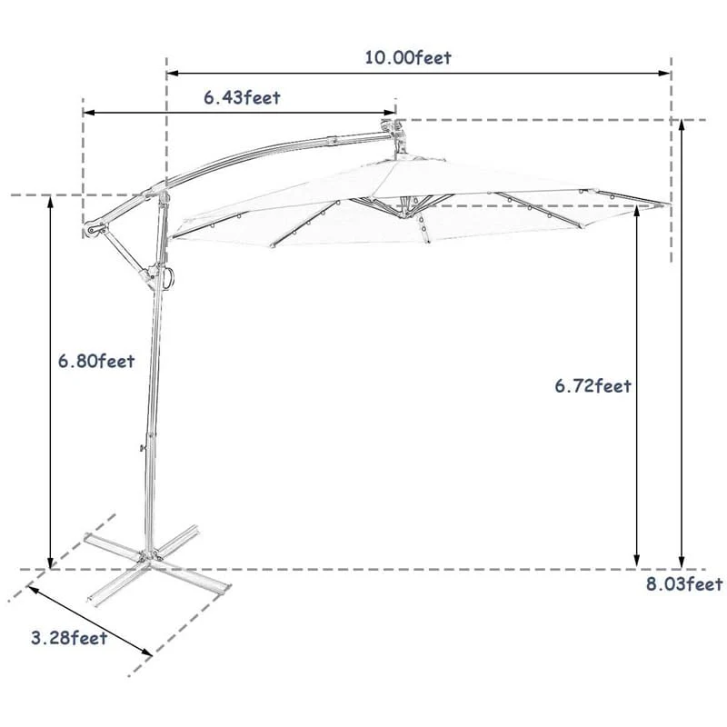 10 FT Patio Offset Umbrella with Solar Lights 360�� Rotation Outdoor Market Umbrella with Crank Handle & Cross Base