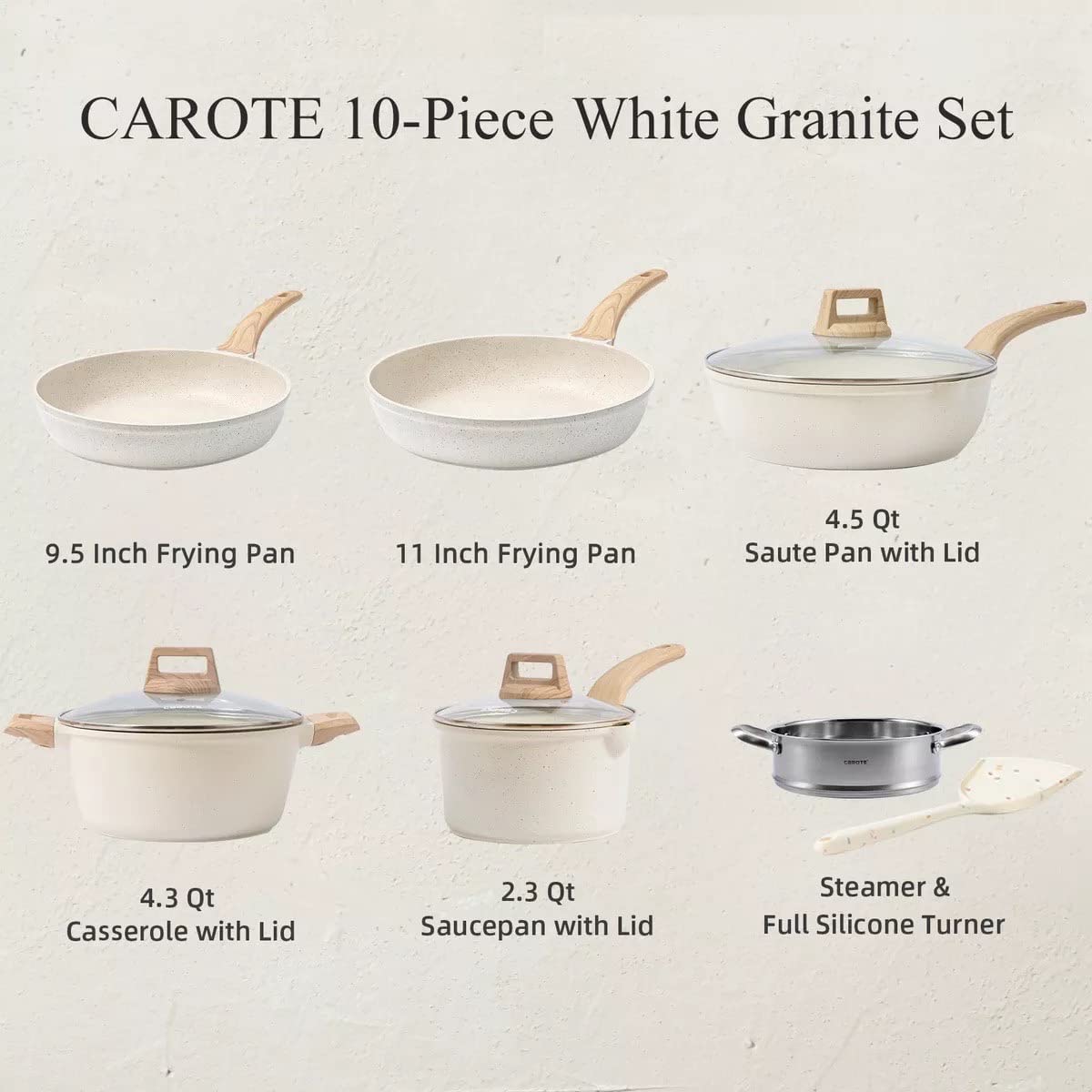 CAROTE C01520 Pots and Pans Set Nonstick�� White Granite Induction Kitchen Cookware Sets�� 10 Pcs Non Stick Cooking Set w/ Frying Pans and Saucepans(PFOS �� PFOA Free)
