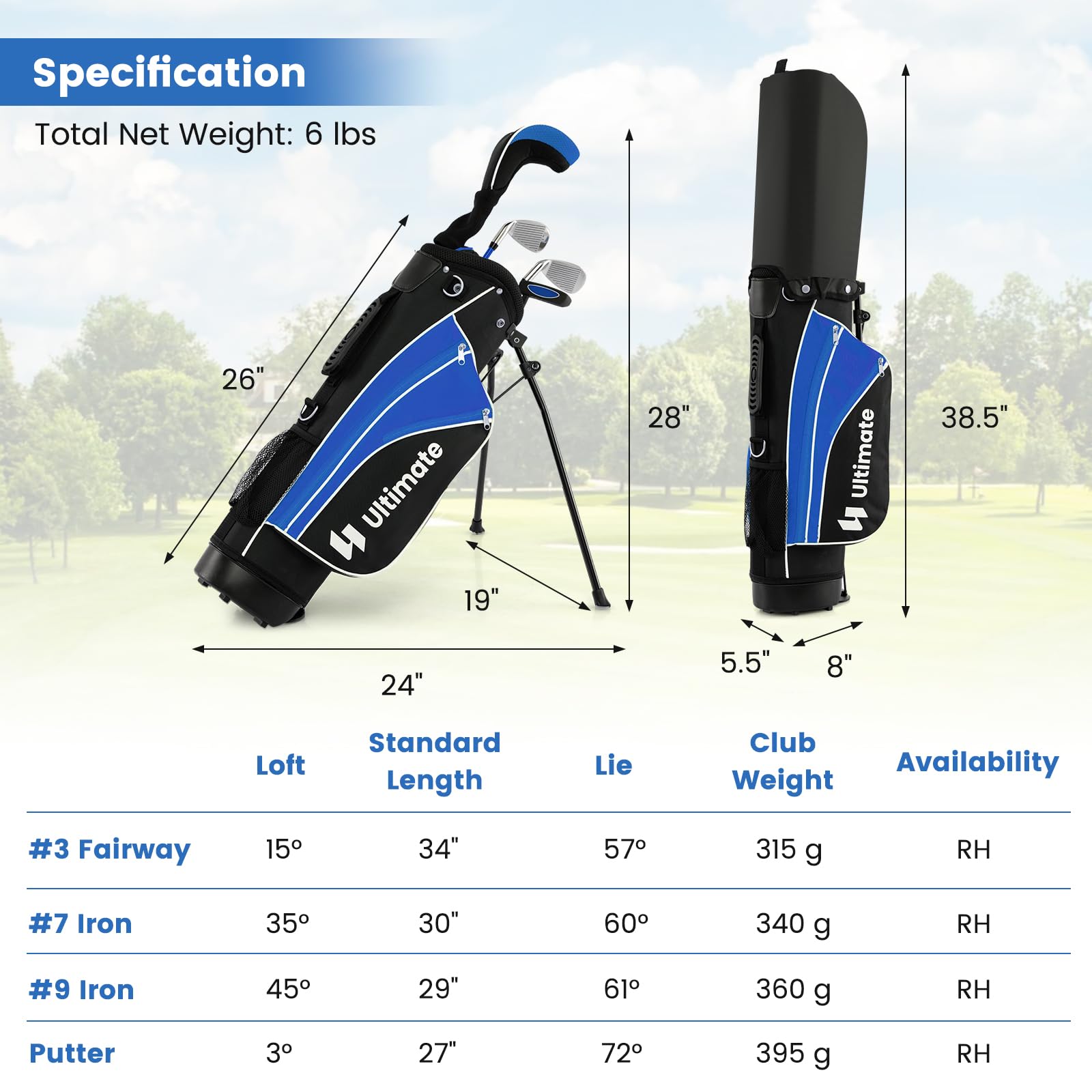 Junior Complete Golf Clubs Set for Kids, Right Hand Golf Clubs w/Stand Bag, Aged 8-10