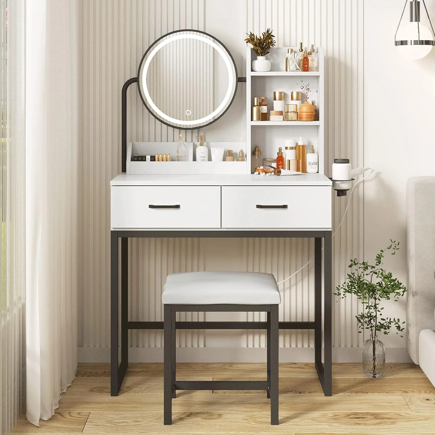 Dressing Table Set with Power Outlet White & Black