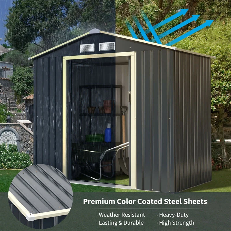 7 x 4 FT Outdoor Metal Storage Shed with 4 Air Vents & Sliding Double Lockable Doors, Backyard Tool Shed Garden Storage House