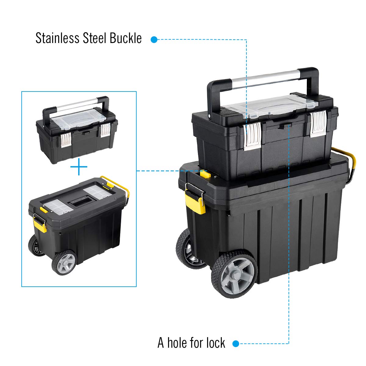 2-in-1 Tool Box Portable Rolling Toolbox Storage Solution Multi-Purpose Plastic Organizer Set