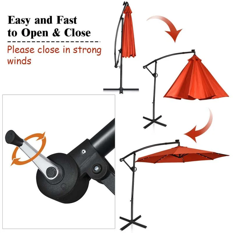 10 FT Patio Offset Umbrella with Solar Lights 360�� Rotation Outdoor Market Umbrella with Crank Handle & Cross Base