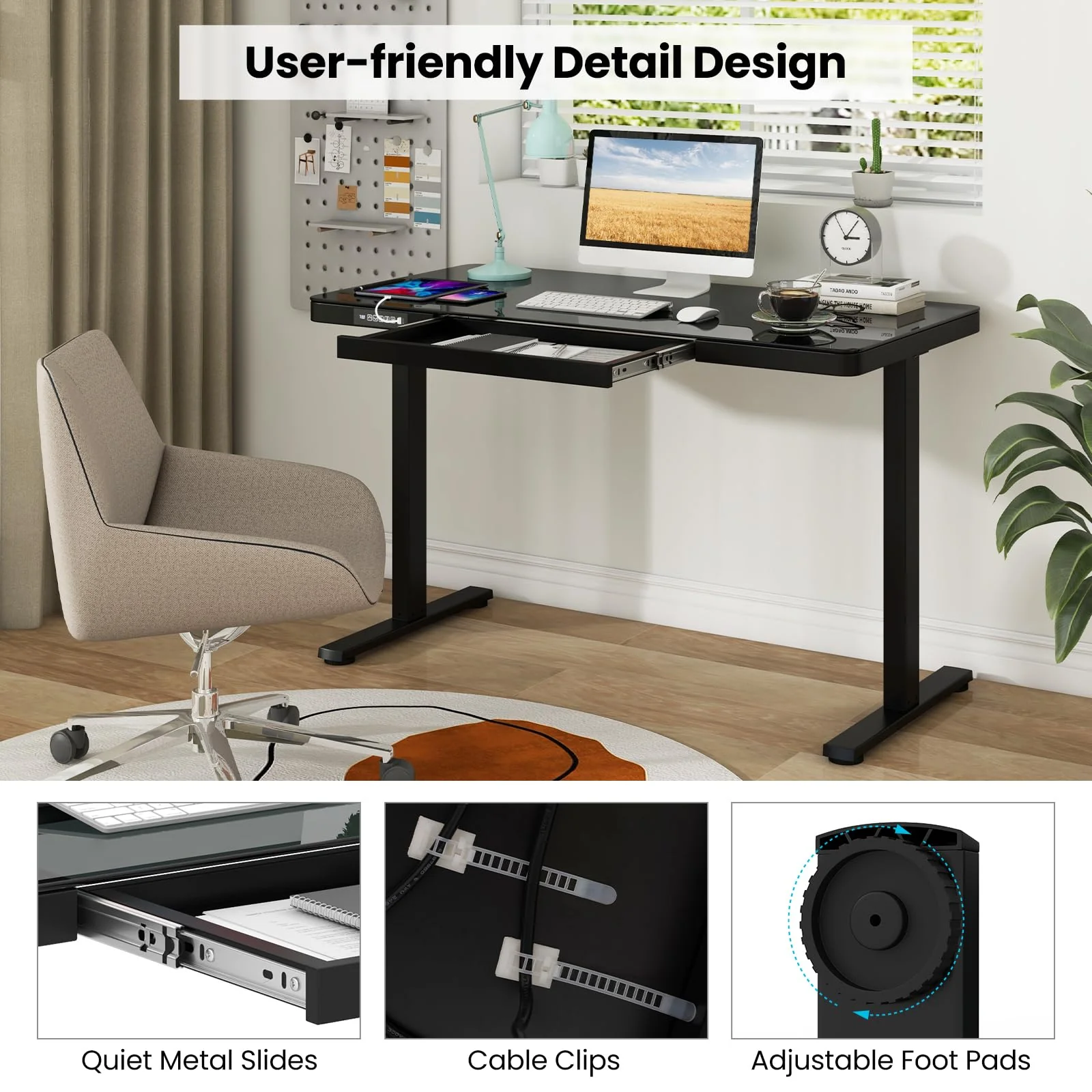 120x60cm Electric Standing Desk w/ Drawer & Tempered Glass Top Home Office