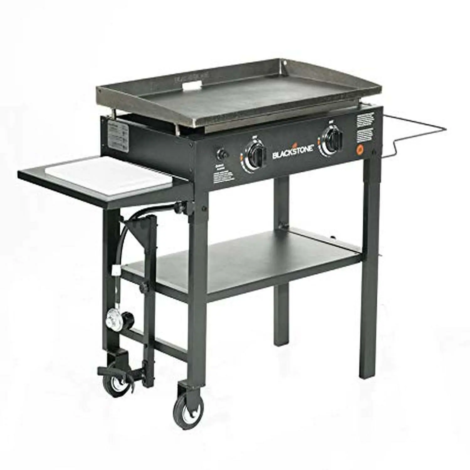 Blackstone 1853 Flat Top Gas Grill 2 Burner Propane Fuelled Rear Grease Management System 28�� Outdoor Griddle Station for Camping with Built in Cutting Board and Garbage Holder, 28 Inch, Black