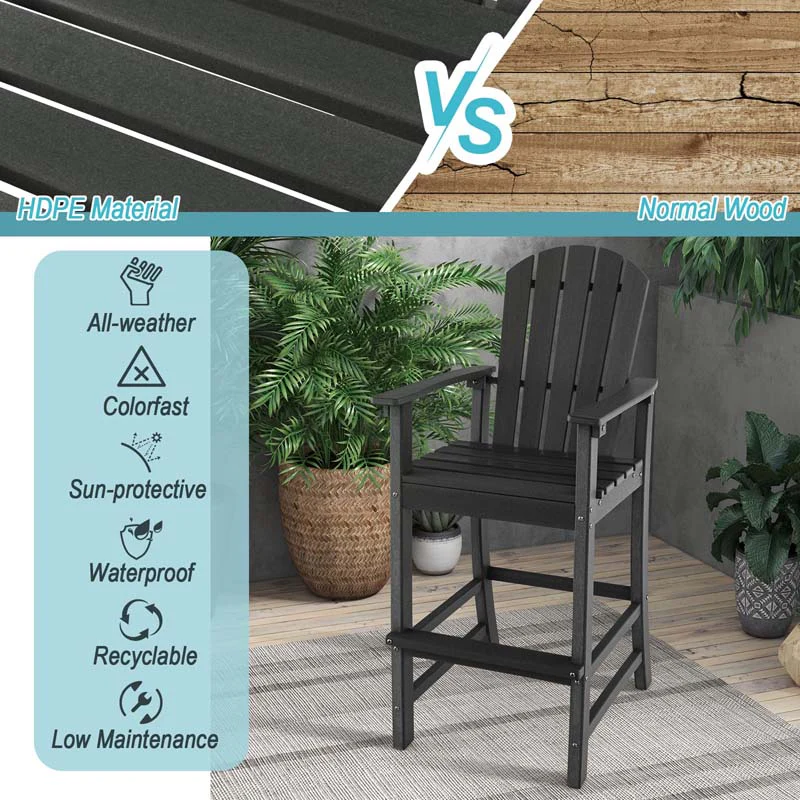 Outdoor HDPE Tall Adirondack Chairs with Armrests & Footrest, 30