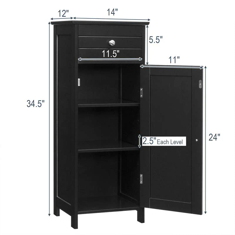 Free-Standing Wooden Floor Storage Cabinet w/Large Drawer & 2 Adjustable Shelves, Morden Side Storage Bathroom Organizer Cabinet